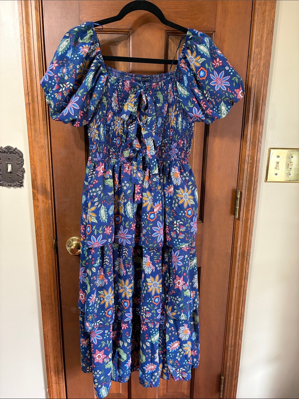 Simply Southern Navy Multicolor Floral Puff-Sleeve Midi Dress